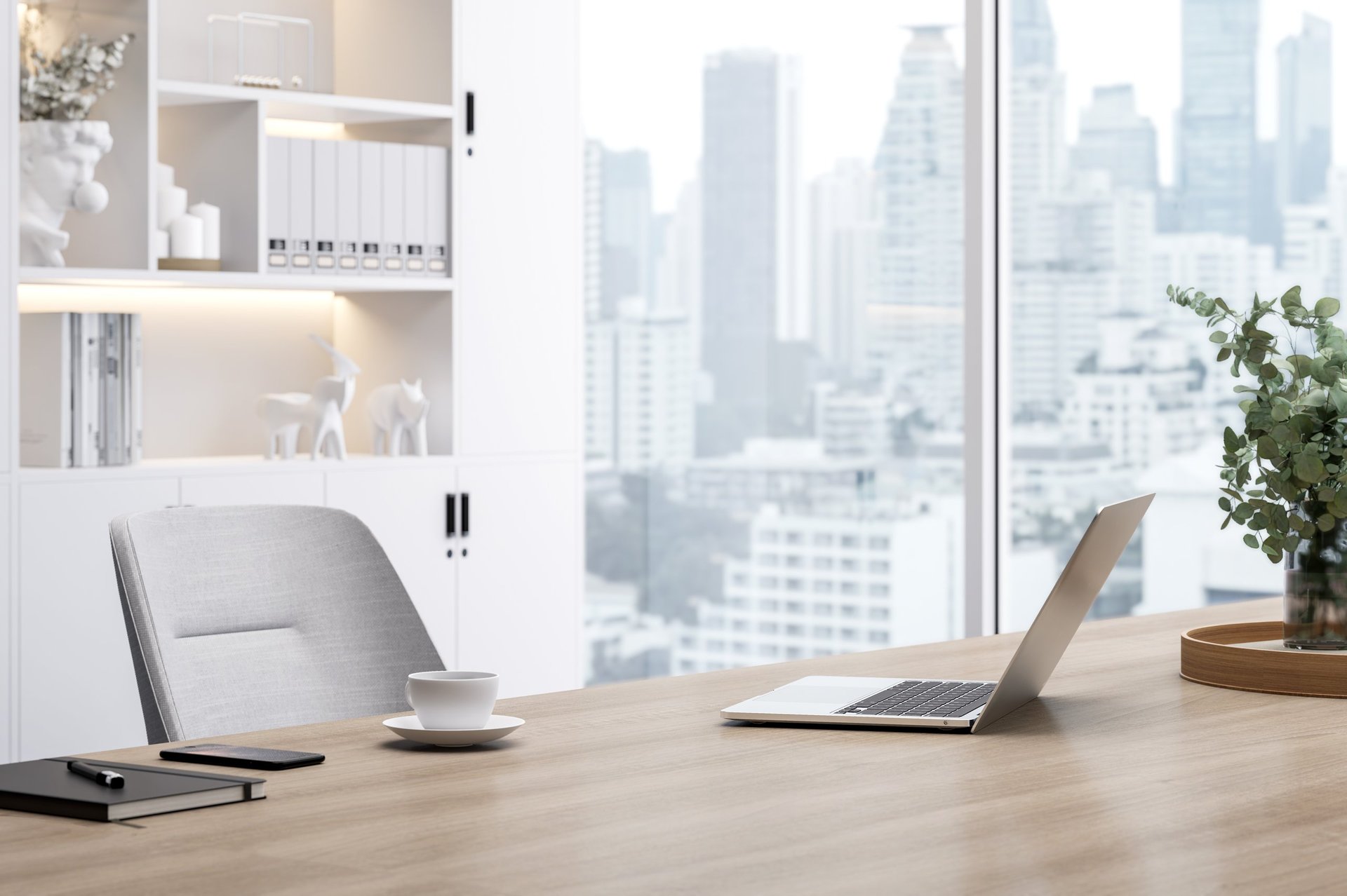 Modern style wooden work table with city view background